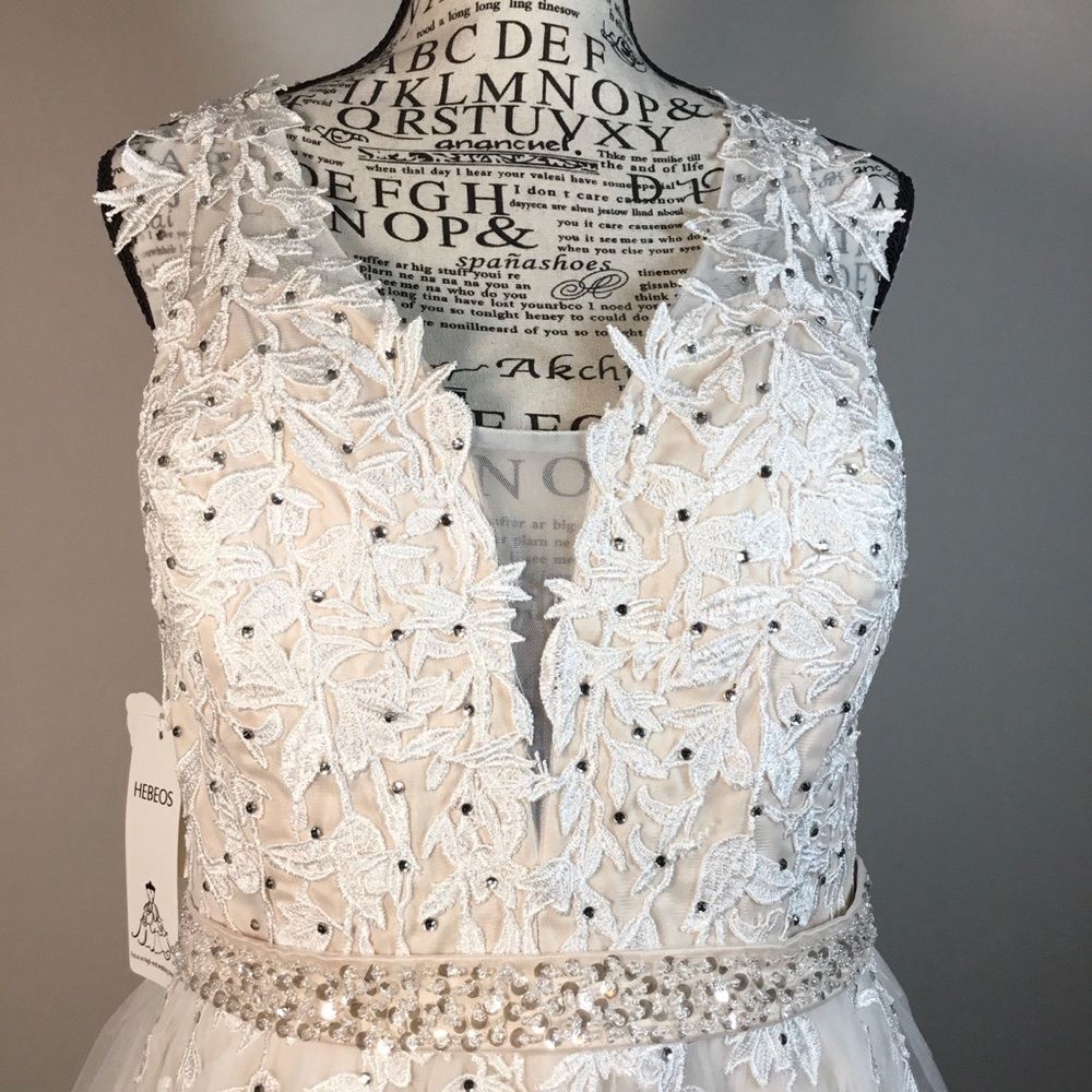 NWT blush pink and white embroidery leaf toile Hebeos short wedding dress 18/20W - Picture 2 of 9